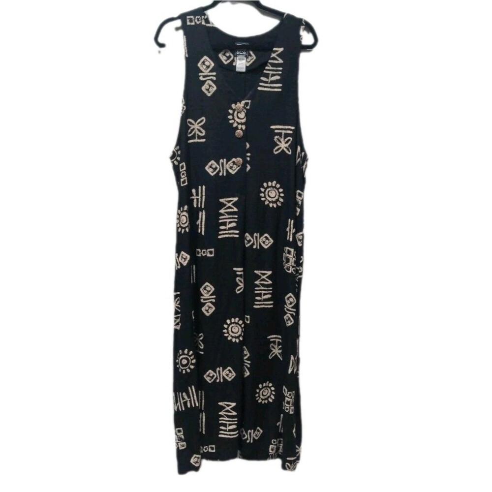 DJ Co Womens VTG Abstract Sleeveless Dress Size 16 Black Artsy 90s Boho Eclectic
